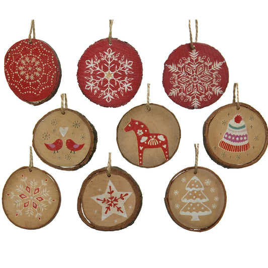 Log Slice Nordic Folk Art Christmas Hanging Decorations - Red
