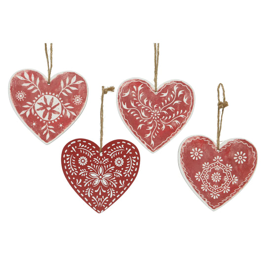 Nordic Heart Shaped Red & White Hanging Decorations - Set of 4