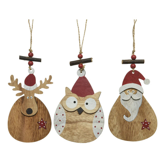Santa, Rudolph & Owl Wooden Christmas Character Hanging Decorations
