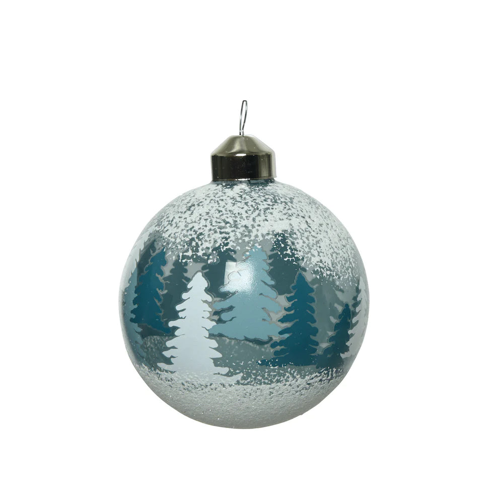 Silver, Pearl & Blue "Snowy Forest" Luxury Glass Christmas Bauble 8cm - Silver