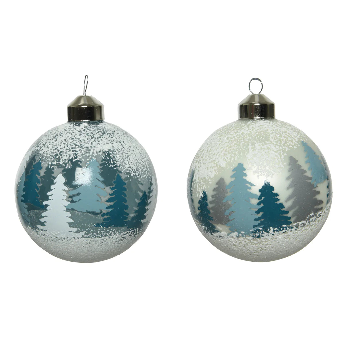Silver, Pearl & Blue "Snowy Forest" Luxury Glass Christmas Bauble 8cm - Twin Pack