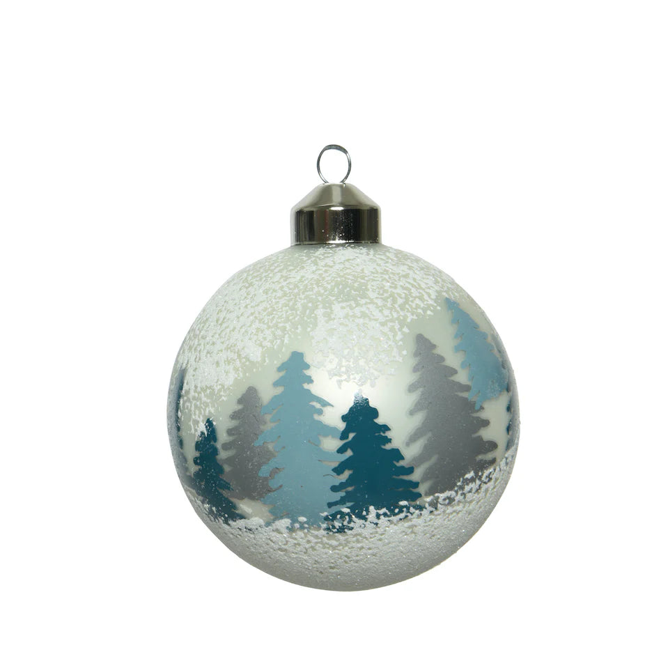 Silver, Pearl & Blue "Snowy Forest" Luxury Glass Christmas Bauble 8cm - White