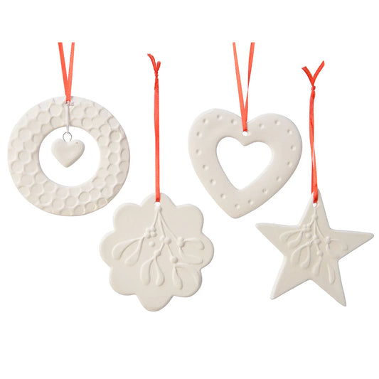 White Porcelain Hanging Christmas Decorations - Wreath, Star, Mistletoe & Heart Shapes