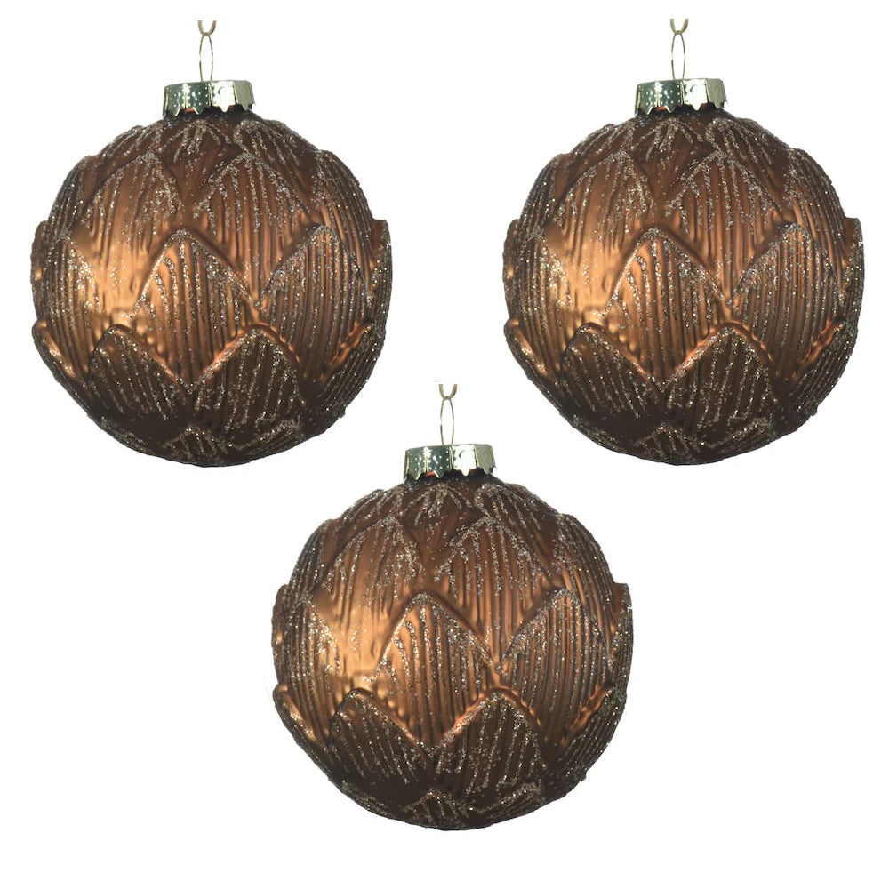 Bronze Glass Artichoke Heart Christmas Baubles set of 3