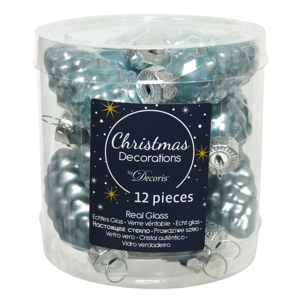 Ice Blue Pinecone Glass Baubles - Gloss & Matt finish set of 12 - 6cm