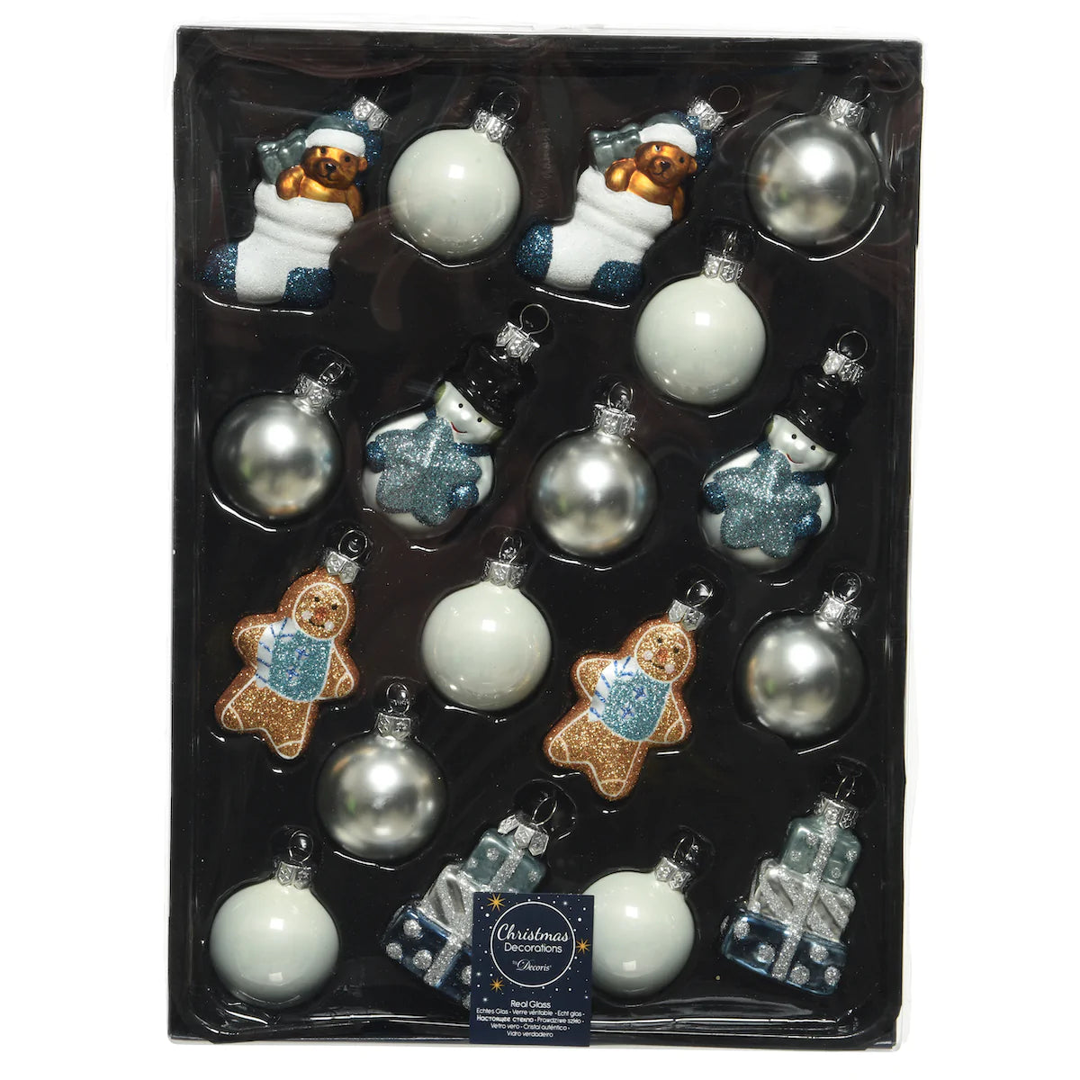 Mini Snowmen, Gingerbread Men, Stocking & Present baubles - Set of 18