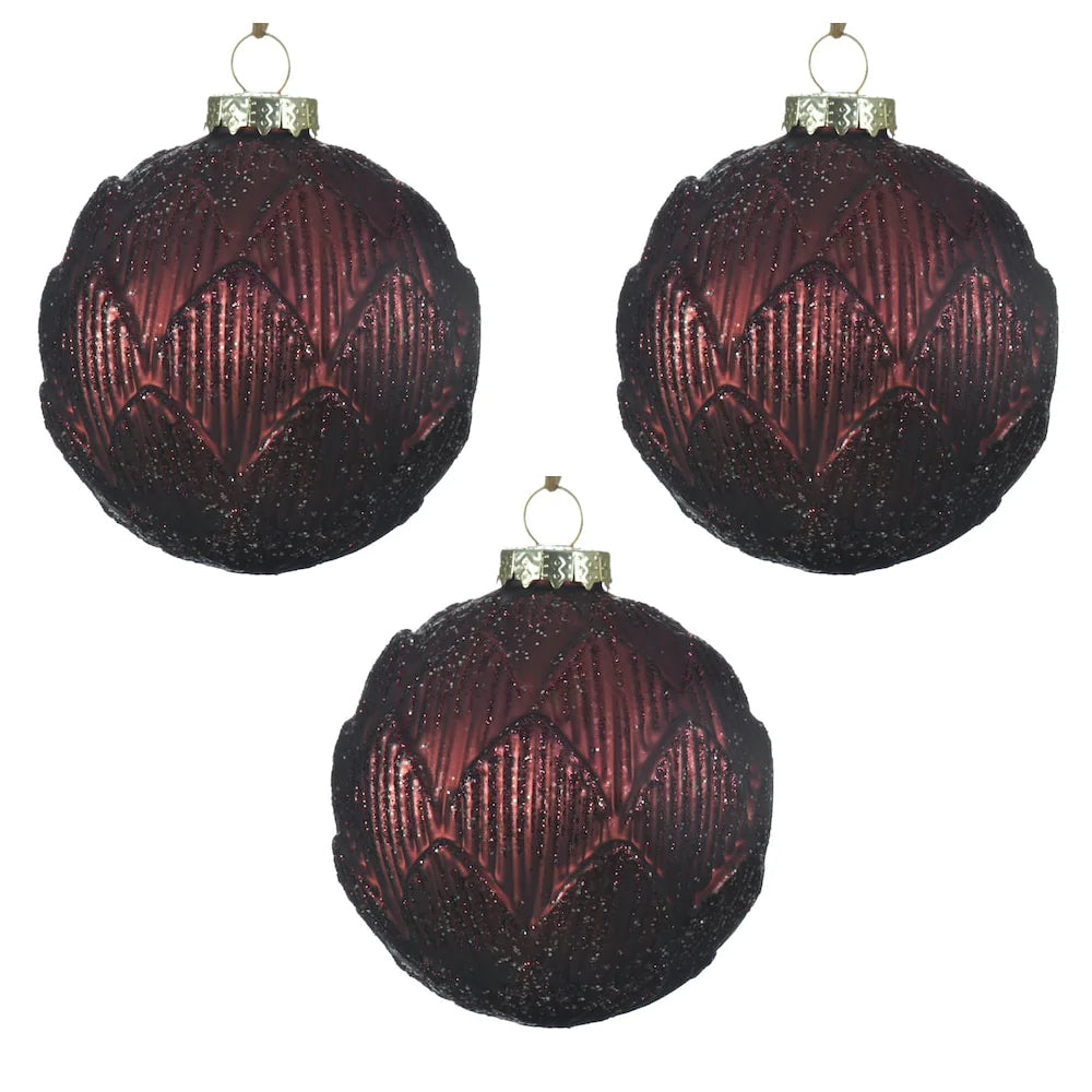 Oxblood Red Glass Artichoke Heart Christmas Baubles set of 3