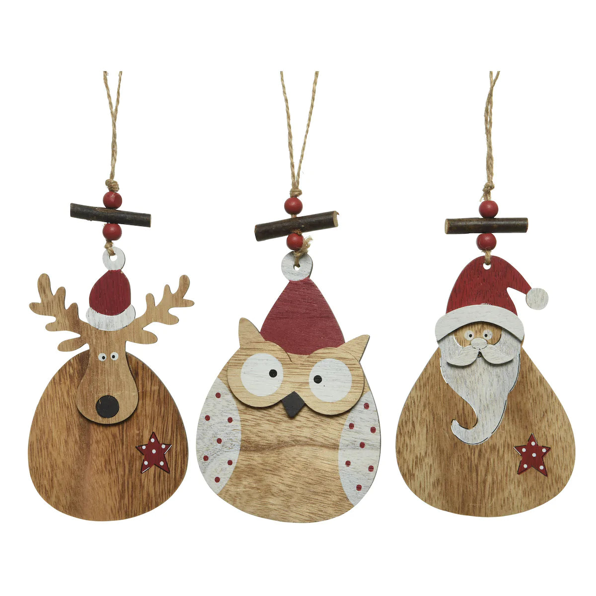 Santa, Rudolph & Owl Wooden Christmas Character Hanging Decorations