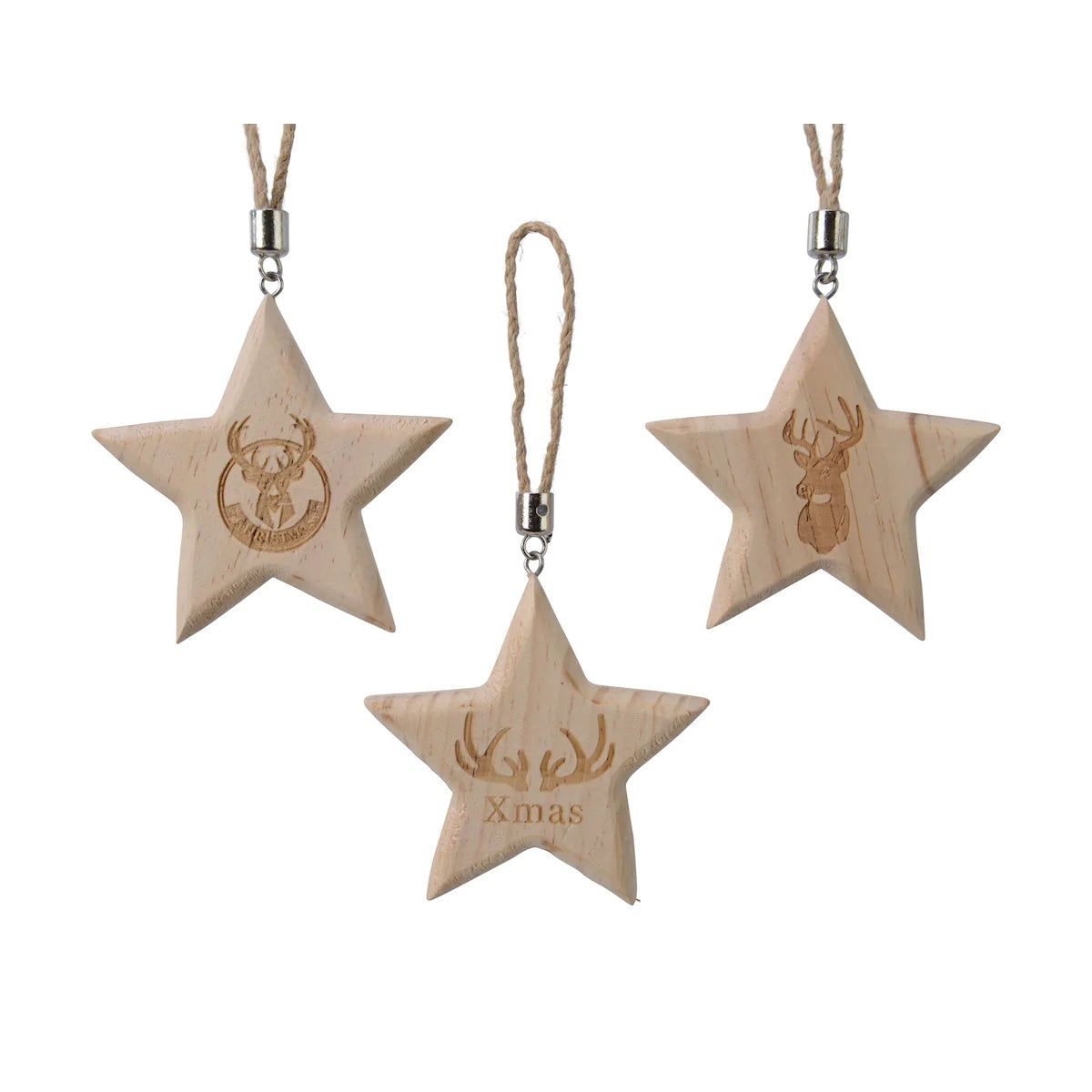 Stag Engraved Wooden Star Shaped Hanging Decorations - Set of 3
