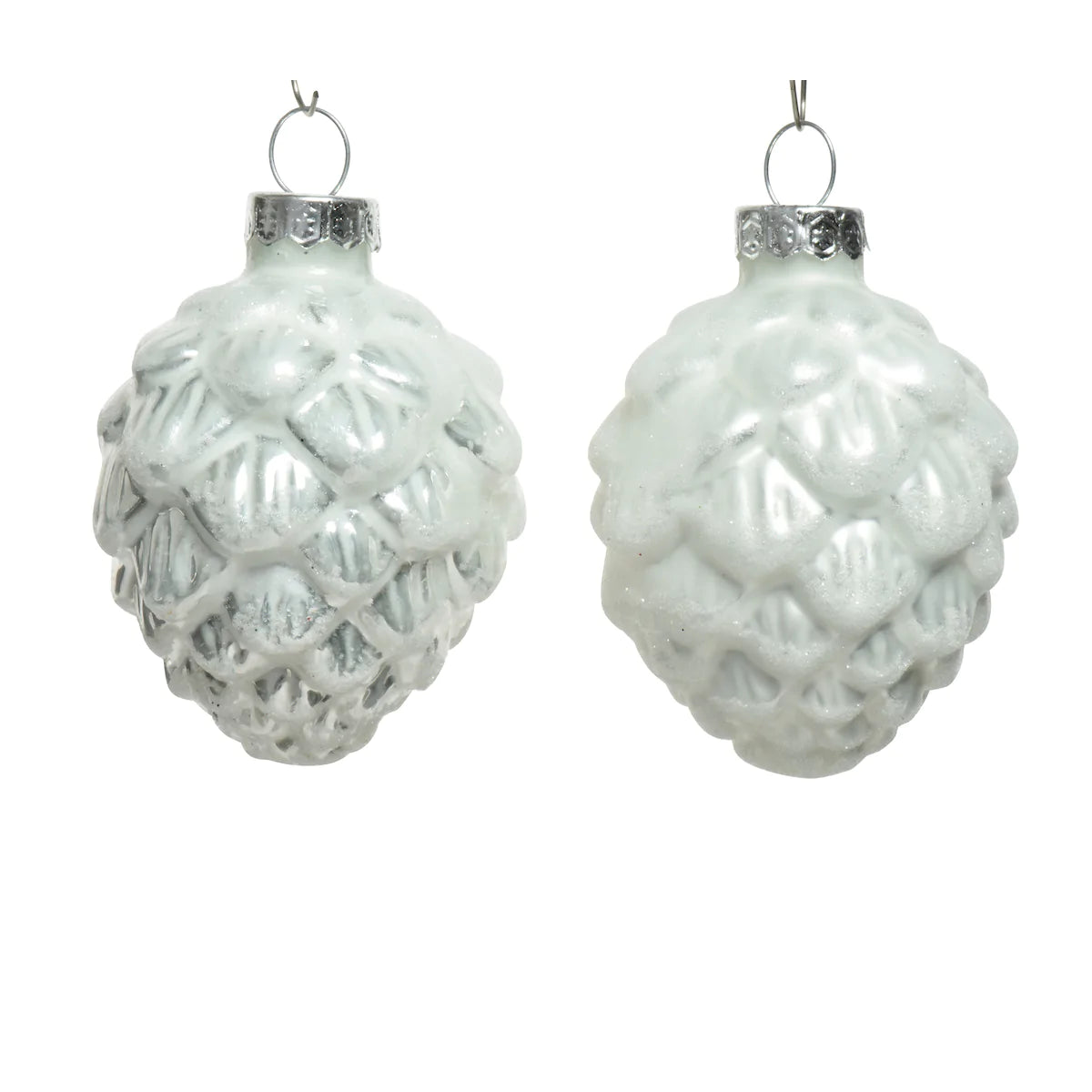 White & Silver Pinecone Glass Baubles - Set of 6 - Large 7cm